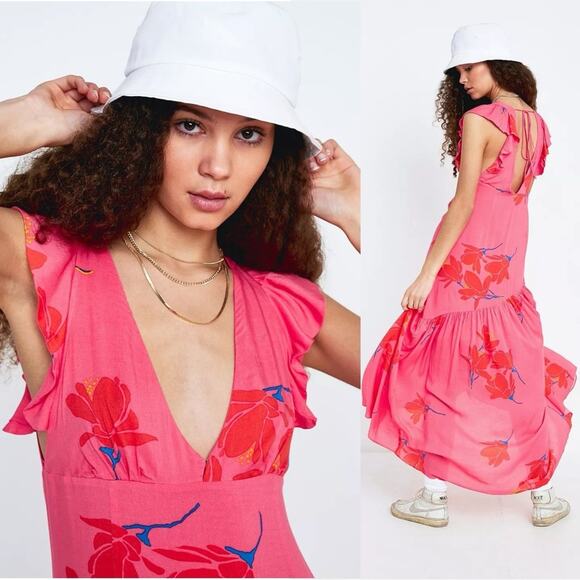 Free People Tropical Hawaiian Hibiscus Hot Pink Floral Maxi Dress Size 0 XS - Picture 5 of 15